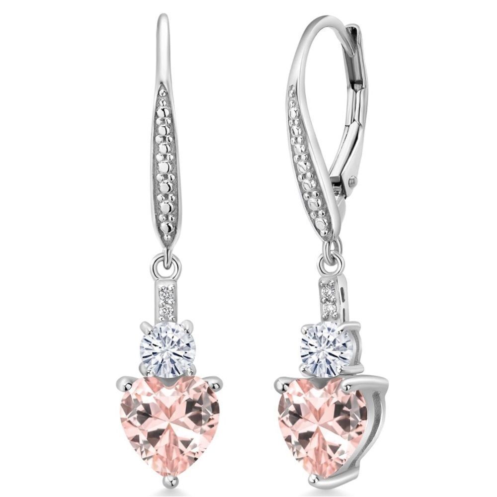 925 Sterling Silver 2.99 Cttw Peach Morganite and Moissanite Heart Earrings